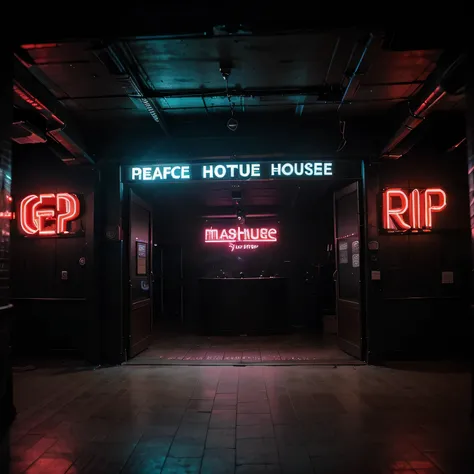 ((best quality)), ((masterpiece)), (detailed), A nightclub with the text "Deep House" written on it in neon lights, photographed from the front, on a foggy and smoky night.