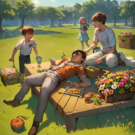 (happy family in picnic garden),(liam as a mother),(liam and his husband spending quality time together),(couple enjoying outdoo...