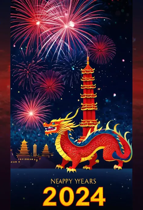 Holiday poster:(2024,new year poster),(new year&#39;New Year&#39;s Eve 2024), (fire works:1.2), nigh sky,chinesedragon,