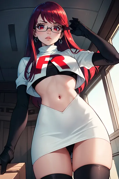 Yoshizawa Sumire, long hair, glasses, straight hair, red eyes ,glossy lips, light makeup, eye shadow, earrings ,team rocket,team rocket uniform, red letter R, white skirt,white crop top,black thigh-high boots, black elbow gloves, sinister villianess look, ...