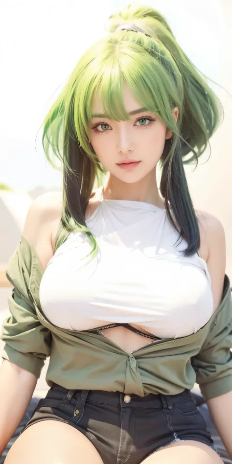 1girl, green hair, green eyes, high quality, ultra detailed, masterpiece, realistic