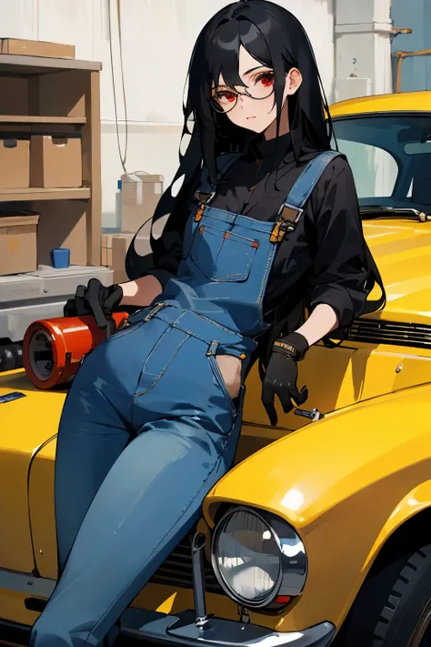 ((best quality)), ((masterpiece)), (detailed), perfect face, long black hair, red eyes, wearing denim overalls and black gloves, working as mechanic, wearing glasses leaning on car, holding a screwdriver