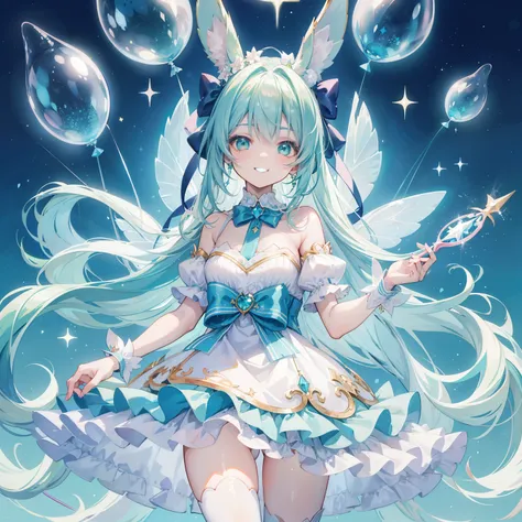 Young person, aquamarine hair with strands, Shining green eyes, light blue rabbit ears, ssmile, holding pink magic wand, tmasterpiece, high high quality,starryskybackground,blue bow balloon,a fairy dust,As estrelas,Elegant clothing in green and,Permanent,g...