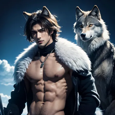 male people，Wolf furry，Handsome looking，Tall and strong，Expression confidence，style of anime。