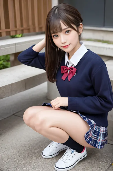 (NSFW:0.99)、a beauty girl, (Skirt lifting), looking in camera, Angle from below, Short skirt, Squatting, Shy smile, Japan school uniform , Beautiful skin, ((Highest Quality, 16 K, masutepiece: 1.3)), 1 girl, Light on Face, hyperdetailed face, very detailed...