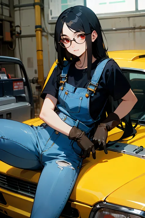 ((best quality)), ((masterpiece)), (detailed), perfect face, long black hair, red eyes, wearing denim overalls and black gloves, working as mechanic, wearing glasses leaning on car, holding a screwdriver