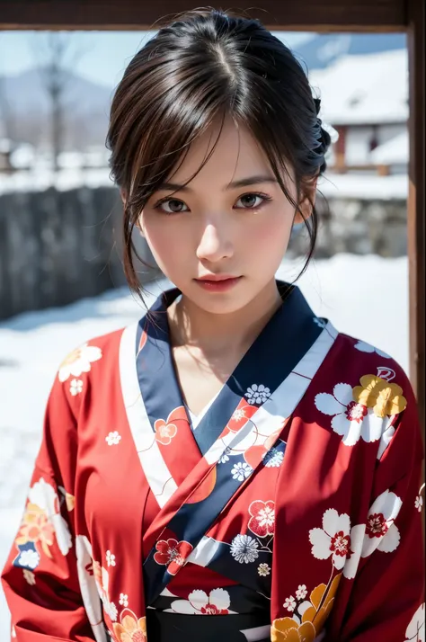 hot spring village in japan, snowy landscape, 
(falling snow:1.2), a beautiful japanese girl in a brilliant kimono, solo, master...