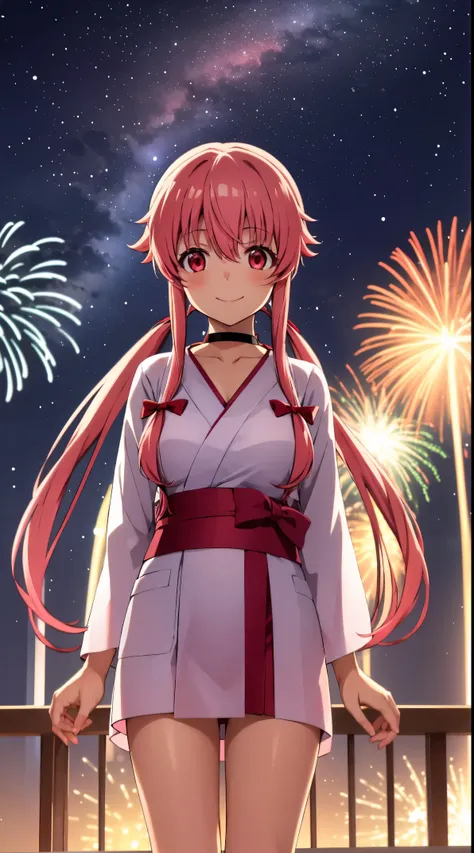 anime_still, masterpiece, best quality, 1girl, Gasai Yuno, long hair, pink hair, low twintails, smile, yuno gasai At a New Years Eve celebration wearing a kimono, large breasts, black choker, red eyes, ((night sky)), fireworks,