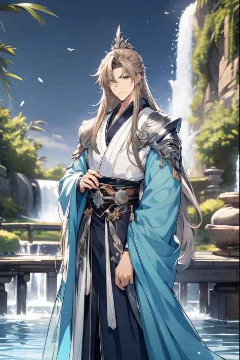 (Best quality,A high resolution,The image is clear:1.2),Ultra detailed backgrounds,Beautiful man standing holding sword，this it，wind blowing through，Chinese hooded Hanfu，：1.5），Garden scene,under moonlight,waterfall man，Romantic atmosphere,Dutch Angle Shot,...