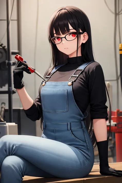 ((best quality)), ((masterpiece)), (detailed), perfect face, long black hair, red eyes, wearing denim overalls and black gloves, working as mechanic, wearing glasses, sitting cross-legged , holding a screwdriver, small breasts