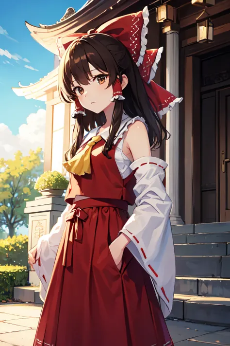 detailed background, masterpiece, best quality, 1girl, hakurei reimu, brown hair, hair tubes, hair ribbon, brown eyes, touhou project, temple, stairs, clound, blue sky, tree