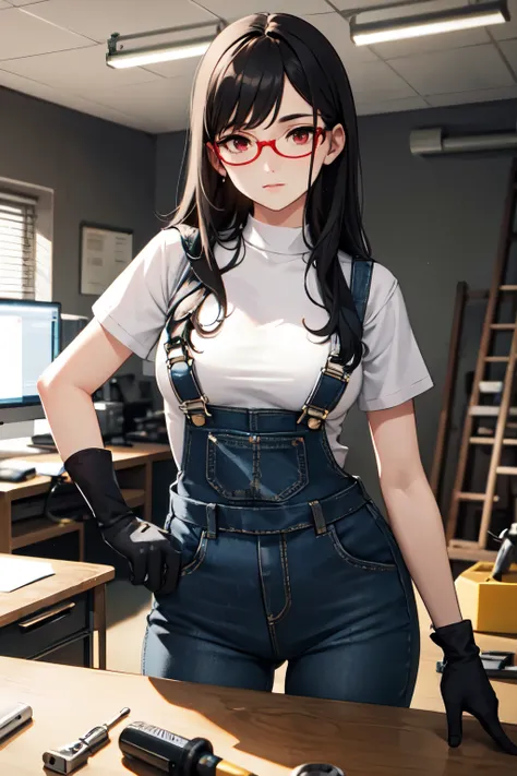 ((best quality)), ((masterpiece)), (detailed), perfect face, long black hair, red eyes, wearing denim overalls and black gloves, working as mechanic, wearing glasses, leaning on the desk, holding a screwdriver,