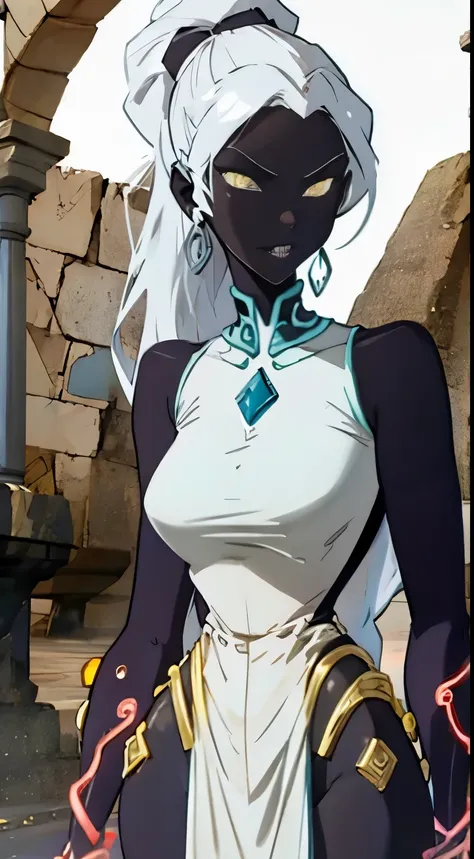 A beautiful and sexy woman with long white hair and yellow eyes