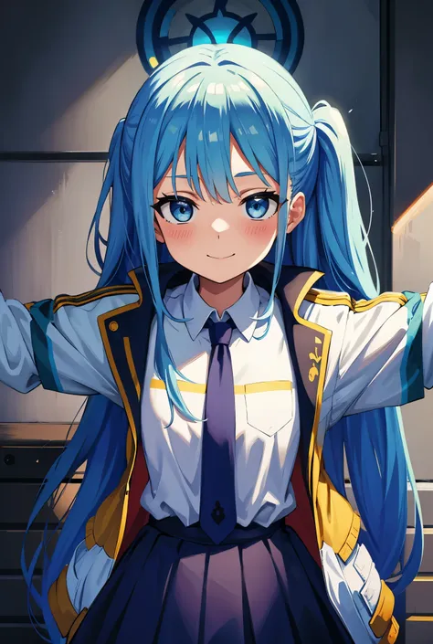 Winters.girl with.light Blue hair.long hair.student clothes.a junior high school student.short stature.a smile.Look at viewers.Spread your arms.up chest