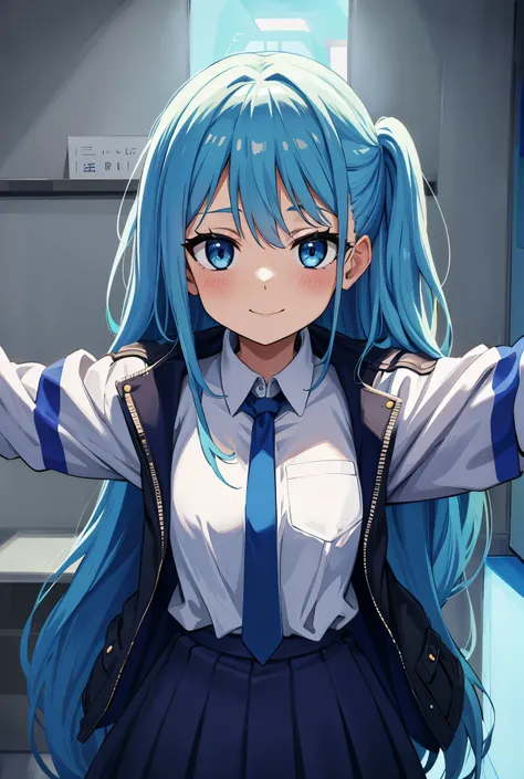 Winters.girl with.light Blue hair.long hair.student clothes.a junior high school student.short stature.a smile.Look at viewers.Spread your arms.up chest