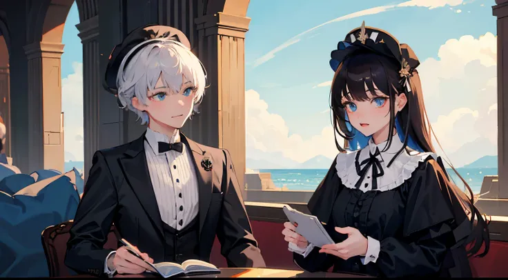 masterpiece, PERFECT FACE, Detailed eyes, heterochromia: 1.2, sky, cloud, gothic mansion, seashore, 1girl, magician girl, magician hats, full black vest costume, visible torso, elegant and masquerade, gothic, strong pose