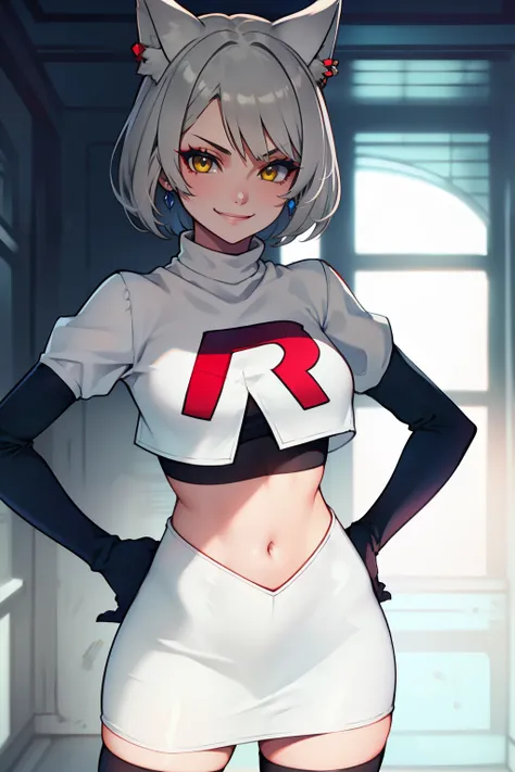 mio (xenoblade), 1girl, animal ears, yellow eyes ,grey hair, braid ,glossy lips, light makeup, eye shadow, earrings ,team rocket,team rocket uniform, red letter R, white skirt,white crop top,black thigh-high boots, black elbow gloves,evil smile, hands on h...