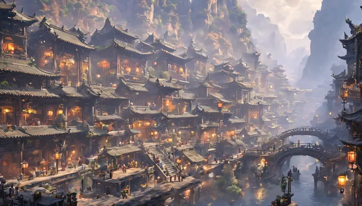 ((tmasterpiece)),((Best quality)),((high detal)),((actual,))
Cities in the industrial era, There is a deep canyon in the middle, architectural streets, bazaars, Bridges, rainy days, steampunc, Chinese style architecture