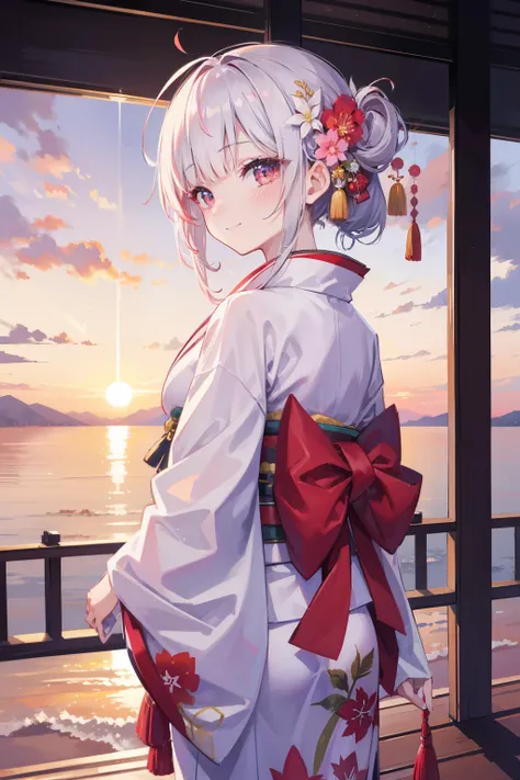 1girl, elegant kimono outfit background, sunrise, looking afar, smile, blushing, sliver hair, masterpiece, highest quality, best quality, high quality, pov, high resolution