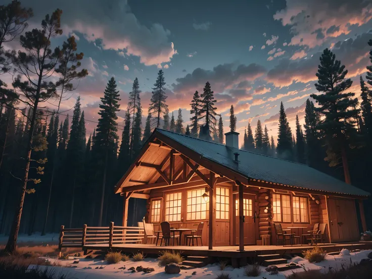 forest cabin, evening, details, 8k, dramatic, realistic, --auto --s2