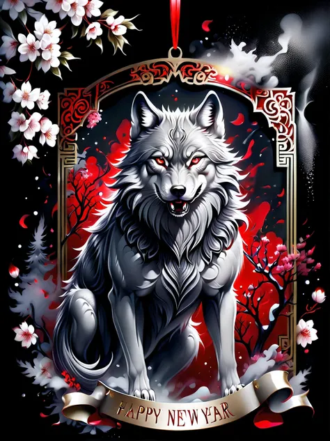 (((gouache illustrated gel:1.3))), wolf with stunning gray fur, the word "happy new year" on a black metal plate, insane draw, d...