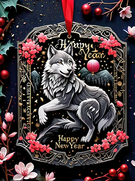 gouache illustrated gel, wolf with stunning gray fur, the word "happy new year" on a black metal plate, insane draw, dark fantas...