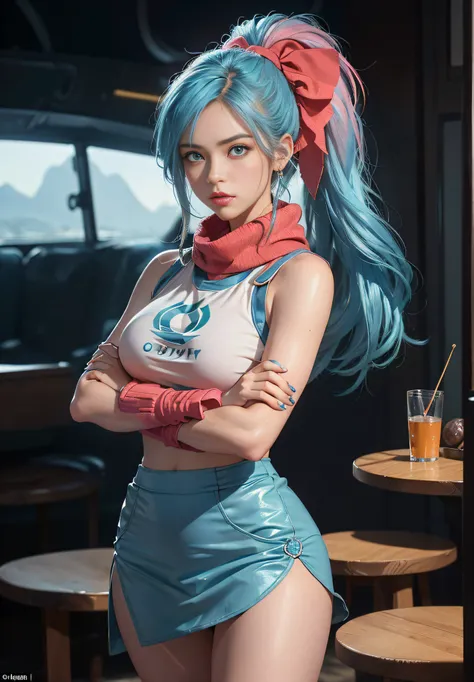 (cowboyshot: 1.2), (bulmadragon ball z), very young, (finely detailed beautiful eyes and detailed face), (face through thigh: 1.4), (knee shot: 1.2), Aqua colored hair, solo, lady, (beautiful background), :), on an alien planet, dynamic angle, blue eyes, c...