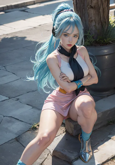 (cowboyshot: 1.2), (bulmadragon ball z), (finely detailed beautiful eyes and detailed face), (face through thigh: 1.4), (knee shot: 1.2), Aqua colored hair, solo, lady, (beautiful background), :), dynamic angle, blue eyes, light face, sunlight, (bright fac...