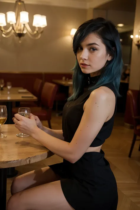 22 year old blue haired model, im edlen restaurant am tisch mit engen schwaren kleid