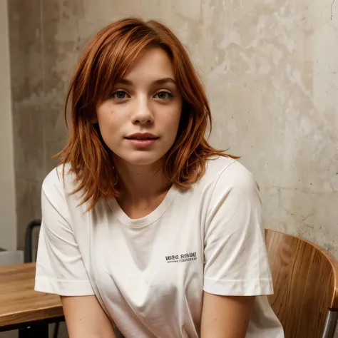 Girl with red hair, Freckles, Fun, in a white business shirt sits at a table against a beige wall