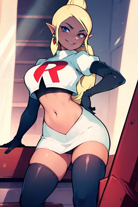 Tetra_Zelda ,glossy lips, light makeup, eye shadow, earrings ,team rocket,team rocket uniform, red letter R, white skirt,white crop top,black thigh-high boots, black elbow gloves,evil smile, sexy poses