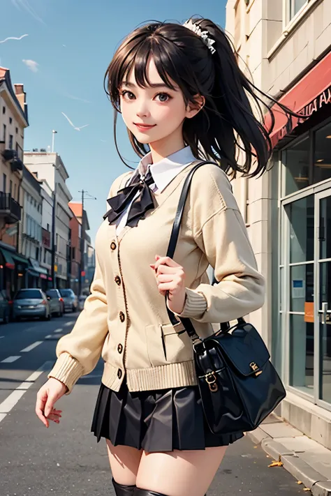 very cute and beautiful girl,teen,(highly detailed beautiful face and eyes:1.2),(white blouse),
(smile:1.3),cowboy shot,looking at viewer,
(beige cardigan:1.2) BREAK zettai ryouiki,brown shoulder bag,(brown boots:1.2),
dynamic pose,dynamic angle,hair ornam...