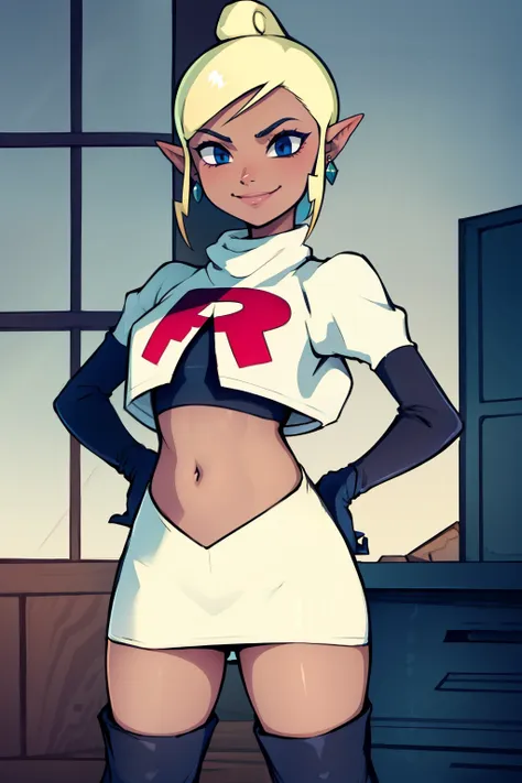 tetra_zelda ,glossy lips, light makeup, eye shadow, earrings ,team rocket,team rocket uniform, red letter r, white skirt,white c...