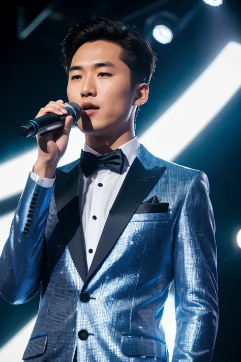 RAW photo, (closeup:1.2), portrait photo of 14 to 15 korean-british men, electric blue & silver idol suit, idol stage, standing, natural skin, holding microphone, 8k uhd, high quality, film grain, Fujifilm XT3