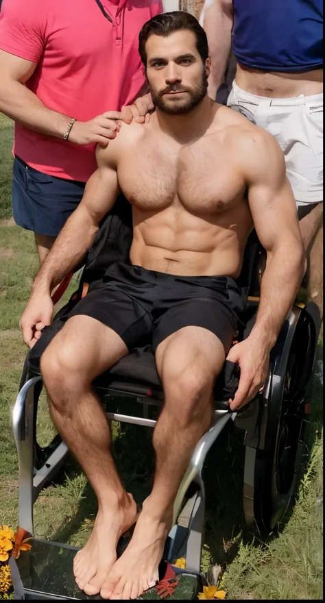 Henry Cavill nu sentado e homem ruivo forte com barba muito peluda, nude peludo sem camisa, posando para foto em um banco, com as pernas abertas mostrando espessamento e veia. Olhando para um espelho gigante