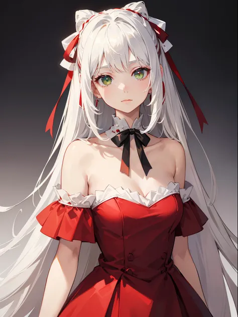 (bestquality, masterpiece), (An elegant girl , 1girl , solo, "red and silver Dress ", off-the-shoulder, standing, looking at the audience, "White Hair", Very Long-haired, black ribbon on hair, Gradient Green eyes, closed mouth, close up ), (white backgroun...