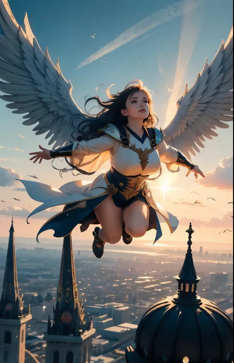 best quality, masterpiece, colorful, dynamic angle, highest detailed) Realistic photo,A beautiful chubby mature angel flying in the air atop the tower, with intense sunrise sunlight behind her. Her body and wings gradually dissolves in the sunlight, long h...