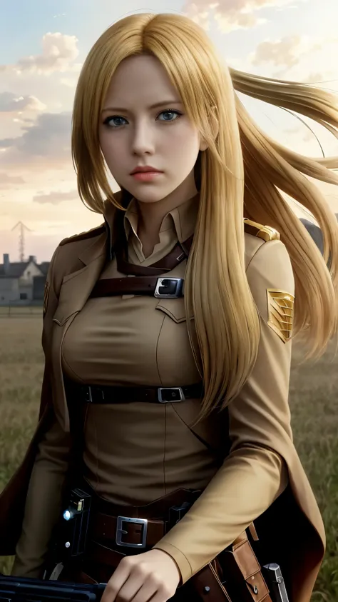 a close up of a woman with a gun in a field, from attack on titan, annie leonhart, looking like annie leonhart, attack on titan covert art, (attack on titans anime), in attack on titan, attack on titan, snk, attack on titan anime style, attack on titans, s...