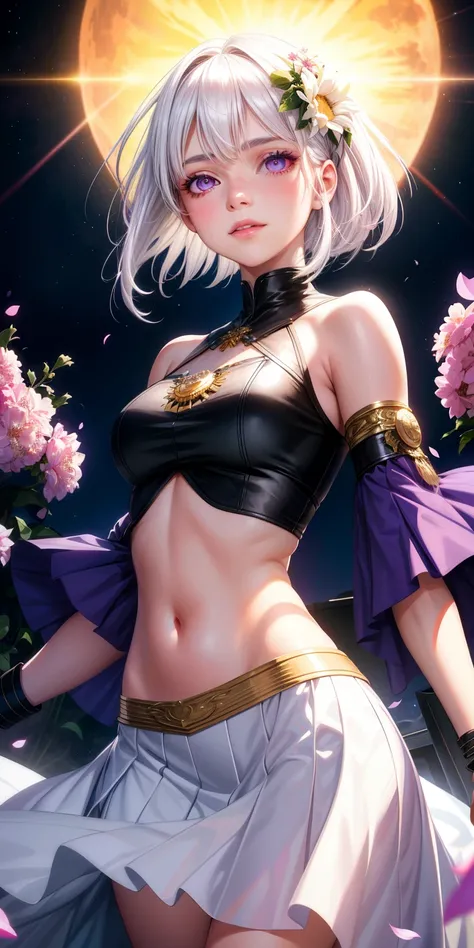 realistic, 1girl, white hair, purple eyes, glowing eyes, crop top, skirt, parted lips, blush, night, flowers, sun, sunlight,