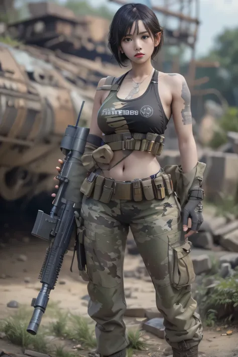 Unreal Engine:1.4,Ultra-realistic 64K CG, Photorealista:1.4, Skin Texture:1.4, Top 1 girls in bikinis ,japanes, sixteen years old, Colossal tits, Gatling gun, Shell casing, Looking at Viewer, Bangs, ammunition belt, gloves,opening fire,in the picture, A be...