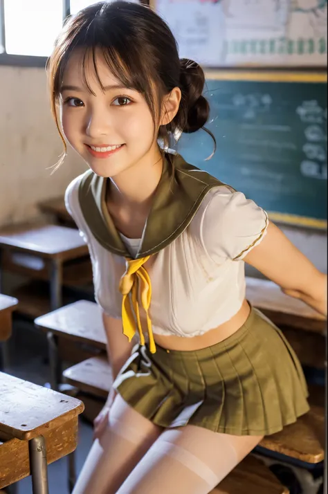 ulzzang -6500-v1.1, (Raw photo:1.2), (Photorealsitic), a beautiful detailed girl, (Real: 1.4), ighly detailedな目と顔, beatiful detailed eyes, (((schools, ‎Classroom, Pleated mini-skirt, 校服, serafuku:1.3)))、(Ultra-realistic pantyhose:1.2), (shoe:1.2), (I keep ...