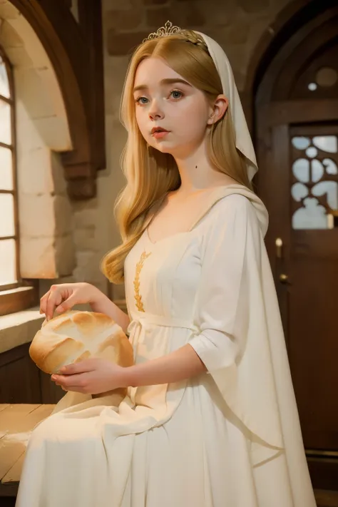 1152, Kingsbridge, England. Otherworldly scene in a medieval house, ((((22-year-old)) Mckenna Grace)), making bread, ((((gown from the 12th century)))), ((dark blonde Hairstyle of the 12th century)), ((Wes Anderson cinematic style)), colorful