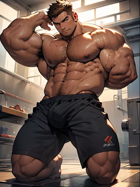 male people，mtu，A brown-haired，Handsome，with a determined look in his eyes，musculature，musculature特别发达，Strong body，The pectoral muscles are well developed，Protruding abs，(lean meat)，(Wear only one piece)，(白色紧身T-word三角)，(((T-word)))，((The crotch is raised：1...