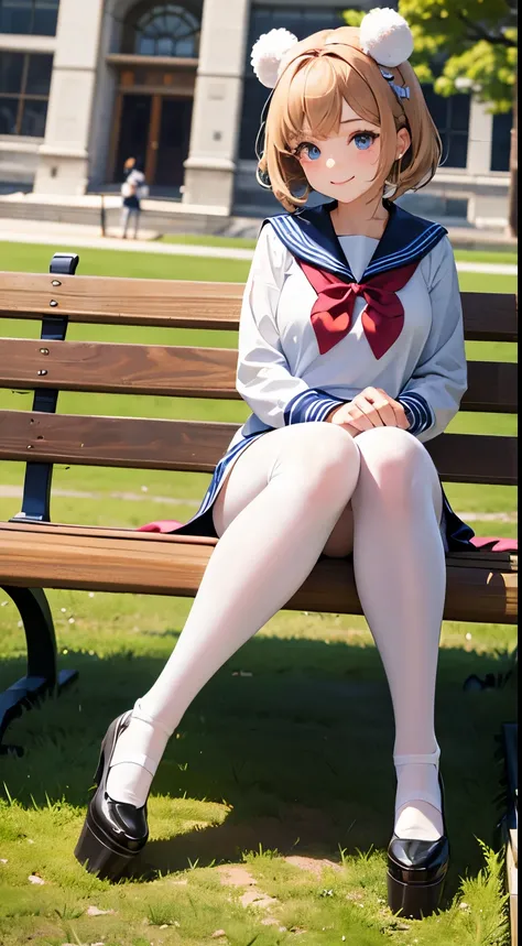 A cute and cute girl wears a fluffy bow on her head and wears a sailor suit and white stockings. Details（White and translucent meat）Detailed eyes, detailed facial features, perfect body proportions, a sweet smile, thick-soled platform shoes, sunny and live...