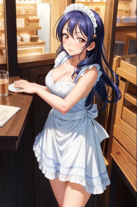 Solo, cowboy shot,Sonoda umi, wearing only one piece bodycon dress,maid apron, cleavage,blushing, standing, in cafe