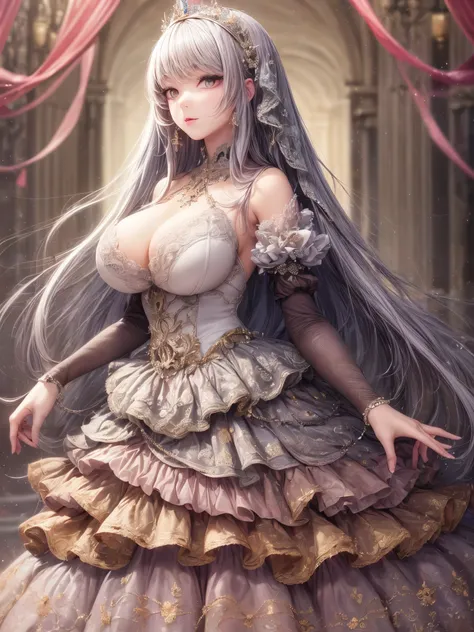 ((anime artstyle)),(Masterpiece),(Best Quality), (Super Detail),((Very Delicate and Beautiful)),(((Solo))),((full body)),(((1 princess in gorgeous princess rococo ball gown with voluminous hoop skirt))),((crinoline)),Long train,((bling-bling)),((beautiful ...