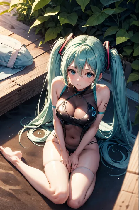 Hatsune Miku in a tight see-through swimsuit, Cameltoe, Thin fabric, Sitting on the beach, hands on crotch