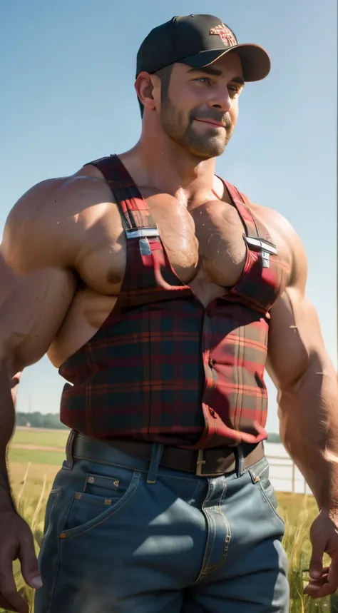 An award-winning original photo，A wild muscular man, (40 years old daddy:1.1), 1boy, Solo, (wearing red plaid overall), (big shoulders), musculature, stubbles, Short beard, Beautiful eyes:1.3, ), (Detailed face:1.3), (baseball cap), smiles, Dynamic Angle, ...