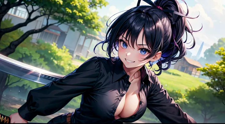 1girl, solo, village, trees, colorful hair, curly hair, ponytail, large breasts, button down shirt, ninja, ((black shirt)), ((unbuttoned shirt)), ((short sleeved shirt)), blue eyes, black shorts, katana, grin, looking at the viewer, hair ribbon, fighting