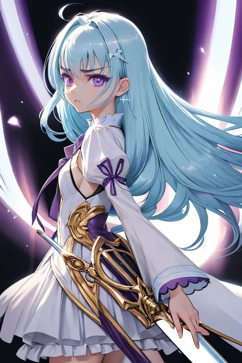 masutepiece, Best Quality, 1girl in, , Long hair, Light blue hair, ((Purple eye)), angry looking face、animesque、evening、knights、Princess、golden sword body、With a handle、(Looks Back)、white clothes、small tits